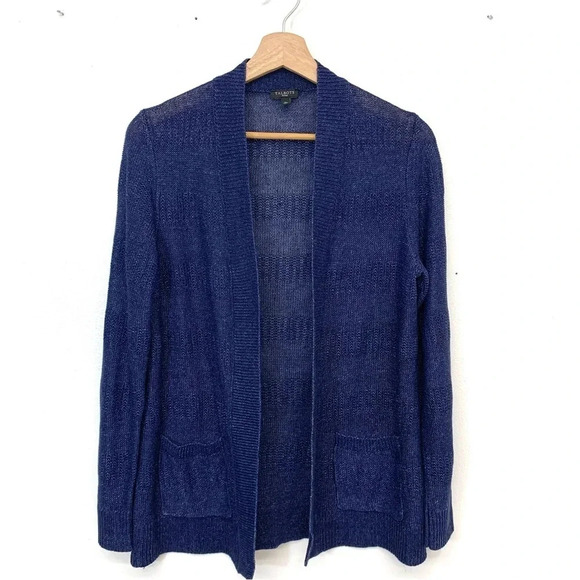 Talbots Sweater Woman Small Petite Linen  Blue Open Pockets Stretch Rib Hem Cuff - Picture 1 of 11